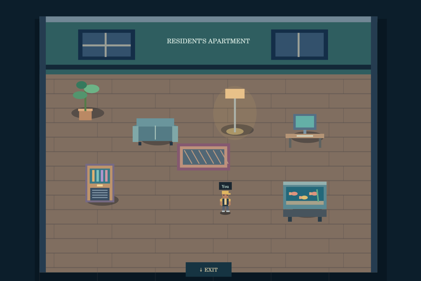 Furnished apartment rendered by the game with a sofa, plants, desk and aquarium