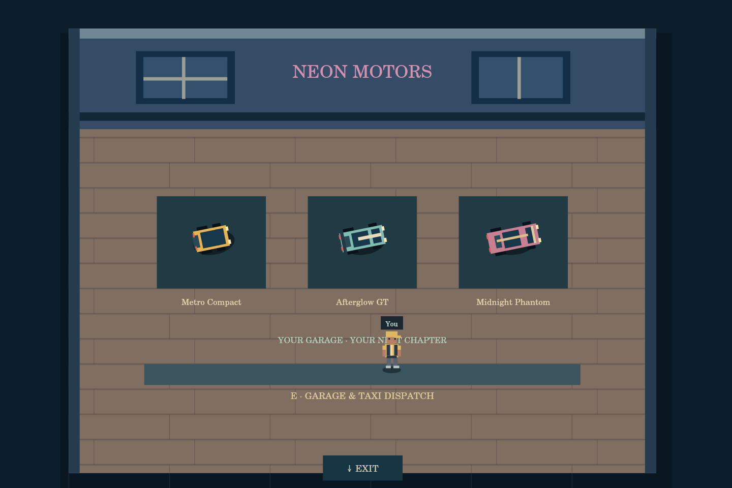 Neon Motors showroom rendered by the game with three display cars